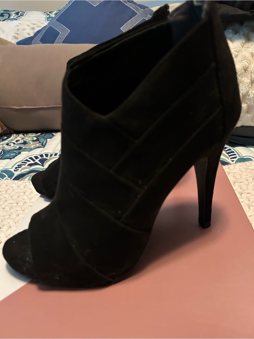Fergalicious Black Suede Peep-Toe High Heel Booties
